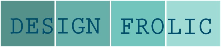 Design Frolic Logo: A paint swatch with four rectangles in a gradient of teal, going from dark teal to light teal separated by white lines. In the center dark blue text reads "Design Frolic" with three letters in each rectangle.